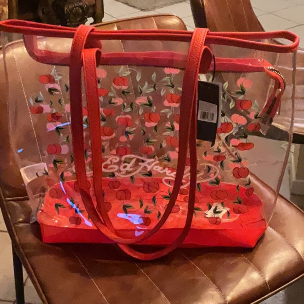 NEW🍒Ed Hardy Clear Cherry Zippy Tote Bag